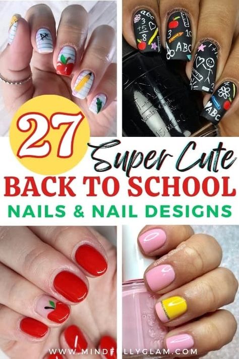 27 Super Cute Back to School Nails to Kickstart the Academic Year School Theme Nail Art, Back To School Toenails, School Bus Nails, Back To School Nails For Kids, School Gel Nails, Back To School Short Nails, Teacher Nails Designs Back To School, School Themed Nails, Nail Art Back To School