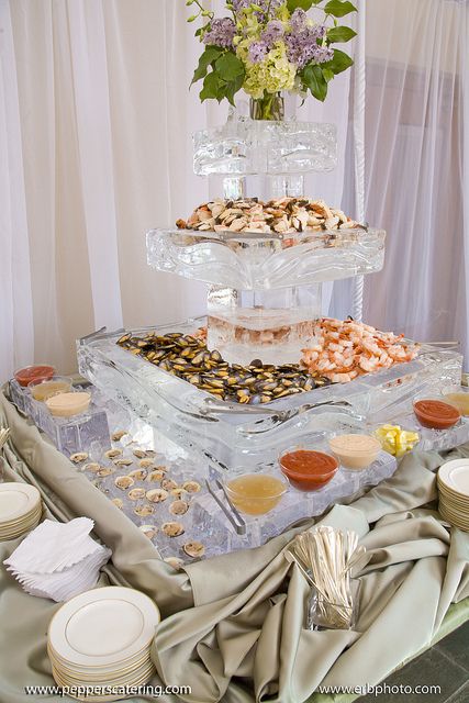 See more ideas for weddings at www.greateventscatering.com Wedding Food Catering, Wedding Food Display, Seafood Tower, Seafood Buffet, Catering Buffet, Deco Champetre, Catering Display, Reception Food, Wedding Reception Food