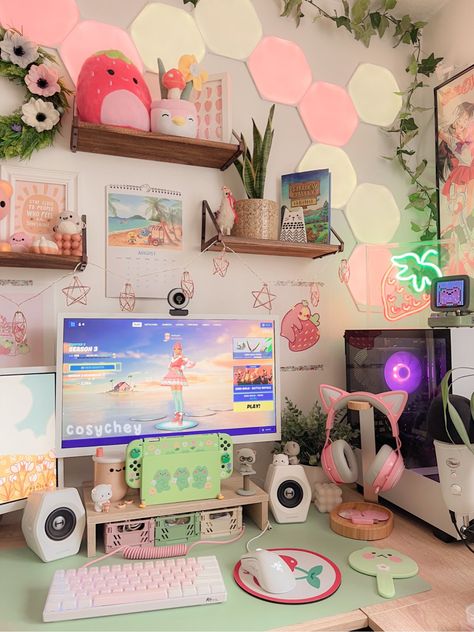 Aesthetic Desk Makeover, Desk Makeover Ideas, Aesthetic Gaming Setup, Pink Gaming Setup, Aesthetic Gaming, Gaming Desk Setup, Cute And Aesthetic, Girl Desk, Cozy Desk