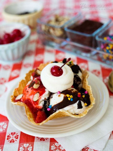 Crisp vanilla waffle cones and bowls are the perfect addition to an ice cream sundae bar. They’re super easy and inexpensive to make, and they’re better tasting than packaged waffle cones and bowls.  #icecream #wafflecone #barbarabakes Waffle Bowl Recipes, Waffle Bowl Recipe, Diy Waffles, Waffle Bowl Maker, Waffle Cone Maker, Ice Cream Waffle, Waffle Bowl, Ice Cream Sundae Bar, Sundae Bar