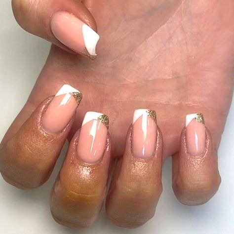 Tri Color French Tip Nails, Half And Half French Tip Nails, Dipping Powder French Tip Nails, French Tip With Gold Line, Short Colored French Tip Nails, Half French Nails, Half French Tip Nails, Two Tone French Tip Nails, Glitter French Tip Nails