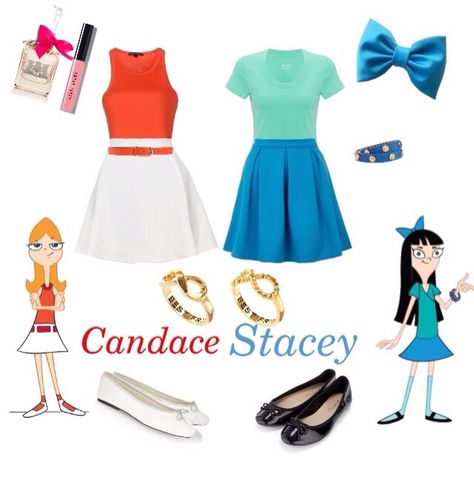 DisneyBound: Candace and Stacy from Phineas and Ferb Ferb Costume, Disney Bound Outfits Casual, Fashion Show Themes, Cute Group Halloween Costumes, Matching Halloween Costumes, Disney Themed Outfits, Cute Disney Outfits, Trio Halloween Costumes, Pretty Halloween Costumes