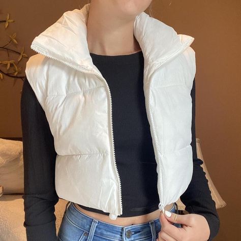 I might be biased but you should probably buy this on Depop 👍 https://depop.app.link/EGiw6zIIywb White Puffer Vest Outfit, White Vest Outfit, Cropped Puffer Vest, Puffer Vest Outfit, White Puffer Vest, White Puffer, Puffy Vest, Cropped Vest, Vest Coat