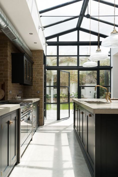 Take a tour of this beautiful Shaker Kitchen in South London with polished concrete floor, concrete worktops, 'Pantry Blue' cupboards and brass details Devol Shaker Kitchen, Concrete Kitchen Floor, Devol Kitchens, English Kitchens, Concrete Kitchen, Extension Ideas, Shaker Kitchen, Industrial Kitchen, Kitchen Extension