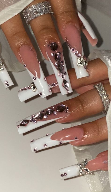 White french Classy Baddie Nails French Tip, Classy Baddie Nails White, Pink French Tip Nails Diamonds, Long White French Tip Nails With Diamonds, Long White French Tips With Rhinestones, Pink French Tip Diamonds, Nail Ideas Y2k Long White, White French Tip, Hello Kitty Nails