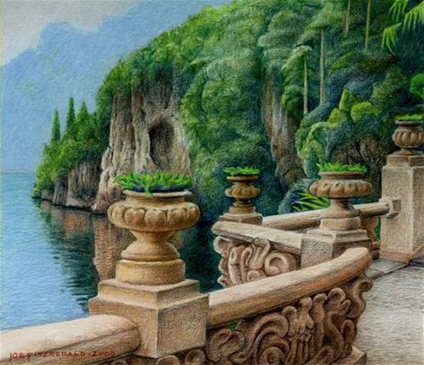 Daily Paintworks - "Villa Balbianello" - Original Fine Art for Sale - © Joe Fitzgerald Colour Pencil Art Landscapes, Scenery Drawing Pencil, Pencil Colour Painting, Drawing Landscapes, Pencil Sketches Landscape, Colored Pencil Artwork Ideas, Villa Balbianello, Panda Artwork, Watercolor Pencil Art