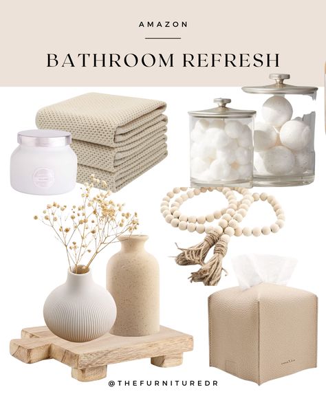 Neutral Bathroom Amazon, Spa Inspired Home Decor, Neutral Bathroom Accessories, Amazon Bathroom Essentials, Neutral Tone Bathroom Ideas, Guest Bathroom Decor Minimalist, Beige Spa Bathroom, Spa Bathroom Decor Master Bath, Boho Spa Bathroom