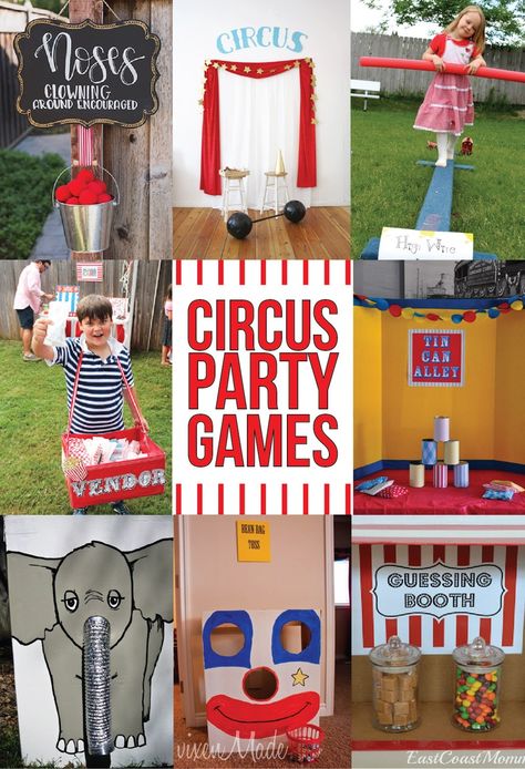 Fun circus birthday party games you can DIY or buy! Great ideas for kids that are also fun for adults! Go beyond ring toss and face painting with these free printable games, DIY games, and more! Circus Party Ideas Games, Circus Theme Party Activities, Circus Theme Games Preschool, Carnival Prek Activities, Carnival Theme Party Decorations Free Printable, Circus Birthday Party Games, Circus Themed Games, Backyard Circus Birthday Party, Circus Theme Games For Kids