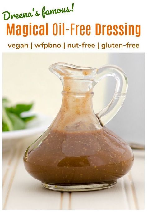 Dreena's very popular OIL-FREE Vegan Salad Dressing is EASY, delicious, and will become a new favorite in your home. Try it today! Recipe is whole foods plant-based, nut-free, oil-free, and gluten-free.  #vegan #oilfree #dressing Magical Dressing, Plant Based Dressing, Oil Free Salad Dressing, Dressing Recipes Thanksgiving, Balsamic Vinaigrette Recipe, Oil Free Vegan Recipes, Vegan Salad Dressing, Vegan Dressing, Plant Based Diet Recipes