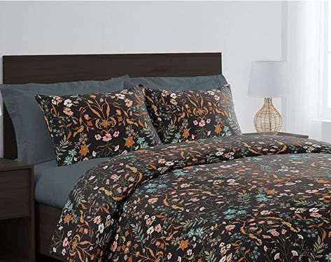 AmazonSmile: Boho Bohemian Farmhouse Black and Orange Wildflower Garden Floral Duvet Comforter Cover and Sham 3 pc. Full Queen Size Bed Bedding Set Bedroom Aesthetic Botanical Cottagecore Flower Print Vintage : Home & Kitchen Both Bedding, Black Boho Bedding Sets, Boho Goth Bedding, Dark Floral Duvet Cover, Bohemian Bed Comforter, Black Floral Duvet Covers, Dark Floral Bedding Bedroom Ideas, Black Floral Comforter, Dark Cottagecore Bedding