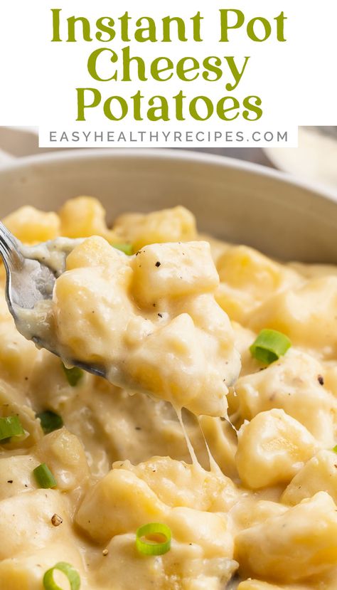 These creamy, cheesy potatoes are ready to eat in only 10 minutes, thanks to the Instant Pot! Perfectly cooked and irresistibly delicious, this easy recipe is a total crowd pleaser. I guarantee it'll become one of your go-to side dishes! Instant Pot Cheesy Potatoes, Pressure Cooker Potatoes, Creamy Cheesy Potatoes, Cheesy Potatoes Recipe, Creamed Potatoes, Easy Side Dish, Dinner Side Dishes, Potato Side Dishes, Easy Instant Pot Recipes