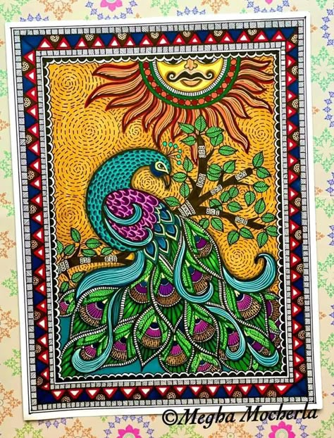 Madhubani Art On A3 Sheet, Katchni Madhubani Painting, Traditional Madhubani Art Krishna, Peacock Madhubani Art, Peacock Madhubani Painting, Madhubani Art Design Indian Paintings, Madhubani Paintings On Canvas, Madhubani Drawing Easy, Madhubani Art Krishna