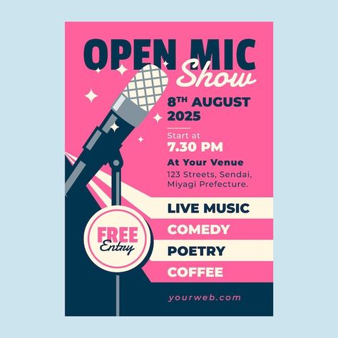 Free vector flat design open mic poster ... | Free Vector #Freepik #freevector #handout #open-mic #flat-poster #notice-design Open Mic Poster Design, Now Open Poster Design, Open Mic Poster, Notice Design, Flat Design Poster, Open Mic, Portland Timbers, Free Entry, Church Design