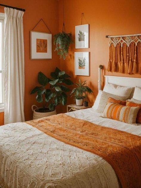 Sunshine Bedroom Aesthetic, Green And Orange Bedroom Ideas, White And Orange Room, Bright Orange Bedroom, Orange Boho Room, White Orange Bedroom, Light Orange Room, Orange Accent Wall Bedroom, Orange Room Aesthetic