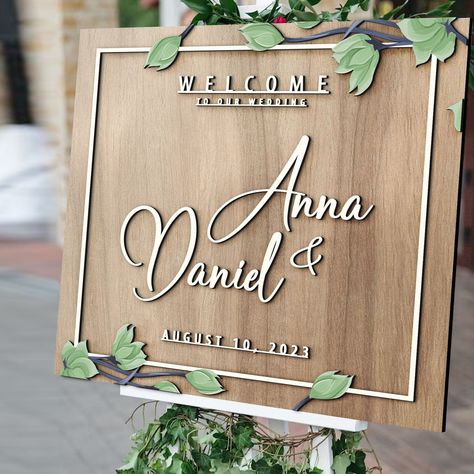 "Unique 3D Welcome Wedding Personalized Wooden Sign. This cute decor sign would be the perfect addition to any wedding celebration. You can buy it for yourself or gift it. A creative gift for family or friends wedding, this romantic handmade wall art adds a personal touch to your home decoration even after the wedding. This wonderful handmade wooden sign is crafted using premium premium quality MDF wood. The text and figures added on the wooden sign add 3D depth to the sign. The wooden sign is s Rustic Welcome Sign Wedding, Wood Wedding Decor, Wooden Business Signs, Rustic Welcome Sign, Laser Engraved Wedding, Wooden Card Box, Wooden Signage, Welcome Wedding Sign, Welcome Sign Wedding