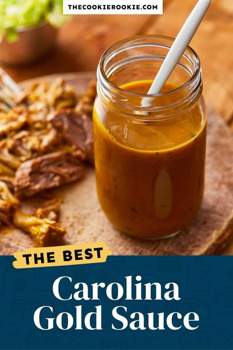 Carolina gold BBQ sauce is lighter and tangier than tomato-based sauces, but it still packs a punch! Yellow mustard is the secret ingredient! Carolina Gold Sauce, Carolina Gold Bbq Sauce, Mustard Based Bbq Sauce, Gold Bbq Sauce, Gold Sauce, Mustard Bbq Sauce, Crockpot Appetizers, Dip Sauce, Barbecue Sauce Recipes