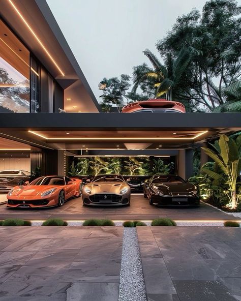 Luxury Carport Design, Luxury Parking Garage, Car Porch Design Modern, Dream Garage Luxury, Luxury House Garage, Luxury Garage Interior, Car Parking Design Home, Luxury Car Garage Design, Luxury Parking