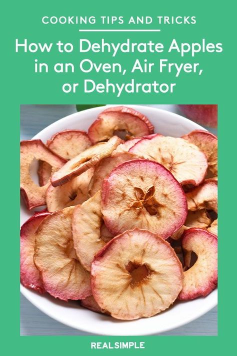 How to Dehydrate Apples in an Oven, Air Fryer, or Dehydrator | Learn how to dehydrate fresh apples with our step-by-step guide using an oven, air fryer, or dehydrator. Plus, our dehydrated apple chips recipe is simple to follow and you can choose whatever spice you want for a delicious snack or treat throughout the year. #recipes #recipeideas #realsimple #cookinghacks #recipehacks #recipehelp How To Dehydrate Apples In Air Fryer, Dehydrate Apples In Air Fryer, Can You Dehydrate In An Air Fryer, Dry Apples In Air Fryer, How To Dry Apples In Air Fryer, Dehydrating Fruit In Air Fryer, Air Fryer Dehydrator Apples, How To Dry Fruit In Air Fryer, Airfryer Dehydrated Apples