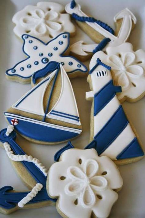 Stylish nautical themed cookies with navy and white glazing Anchor Cookies, Biscuits Halloween, Cookies Cupcake, Beach Cookies, Nautical Cake, Halloween Cookies Decorated, Themed Cookies, Summer Cookies, Sugar Cookie Designs