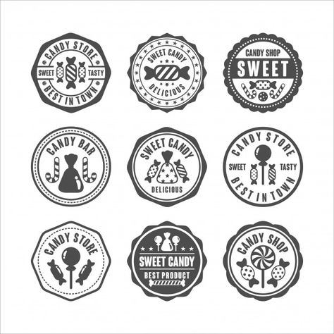 Badge stamps candy shop collection | Premium Vector #Freepik #vector #logo #label #badge #shop Candy Shop Logo, Sweet Shop Logo, Candy Text, Candy Icon, Ice Cream Logo, Chocolate Humor, Candy Logo, Cupcake Logo, Rainbow Lollipops