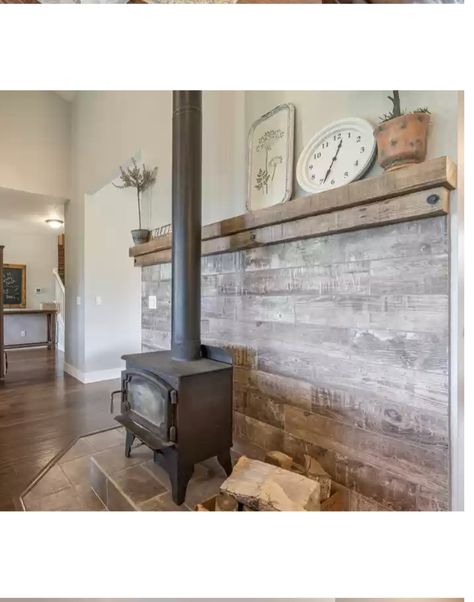 Wood Stove And Tv Wall, Walls Behind Wood Burning Stoves, Pine Accent Wall Living Room, Tile Wall Behind Wood Stove, Rock Wall Behind Wood Stove, Woodstove Surrounds, Barnwood Accent Wall, Wood Burning Stove Corner, Corner Wood Stove