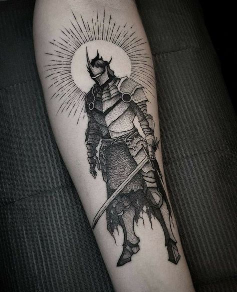 Apollo Tattoo, Dark Souls Tattoo, Tattoos For 2, Backpiece Tattoo, Woodcut Tattoo, Embrace The Darkness, Engraving Tattoo, Medieval Tattoo, Knight Tattoo