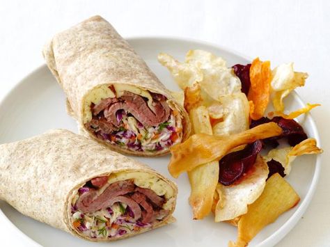 Quick and easy dill slaw, made with preshredded coleslaw mix, gives this lunchtime classic a crunchy, flavorful twist. Rollup Recipes, Dill Slaw, Roast Beef Wrap, Roast Beef And Horseradish, Roast Beef Sandwich, Beef Wraps, Tv Recipes, Food Network Chefs, Sliced Roast Beef