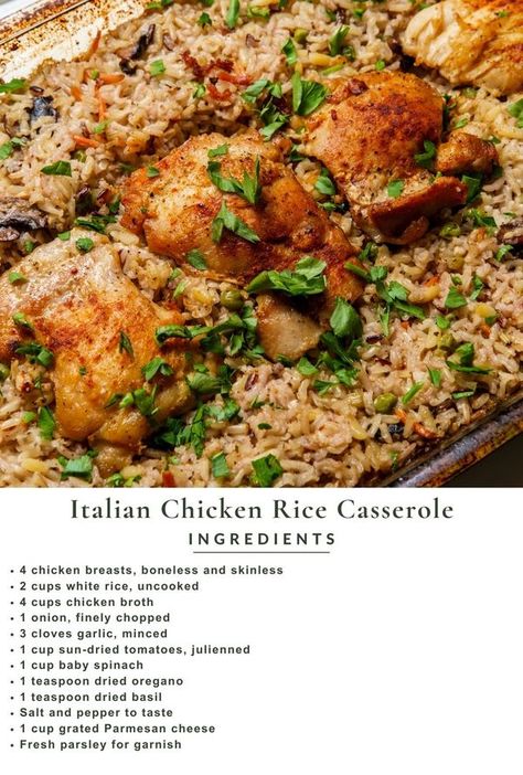 Italian Chicken Rice Casserole Recipe, Italian Chicken And Rice Casserole, Chicken Wing Casserole Recipes, Italian Sunday Dinner Ideas, Italian Chicken And Rice, Italian Chicken Casserole, Chicken Rice Casserole Recipes, One Pot Rice Meals, Rice Dishes Recipes