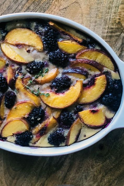 Chef John's Peach Blackberry Flognarde Recipe With Peaches, Plum Clafoutis, Blackberry Peach, Traditional French Desserts, Chef John Recipes, Fresh Fruit Desserts, No Bake Banana Pudding, Blackberry Recipes, Peach Recipes