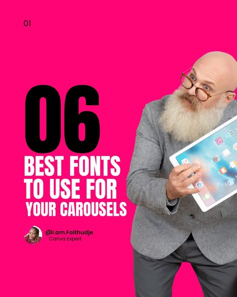 Pink background, white and black text stating 6 fonts your can use for your Carousel. And a white man holding a tablet beside the fonts. Libre Baskerville, Font Combinations, The Font, Favorite Fonts, Design Hack, Font Pairing, Contents Design, Instagram Growth, Canva Design