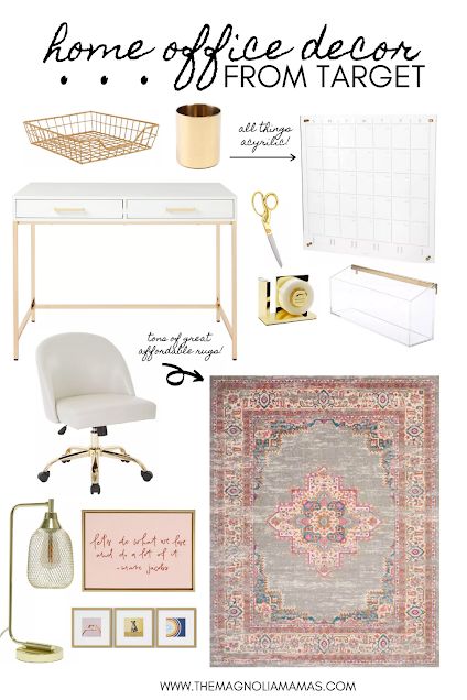 Blush Office Decor, Target Office Decor, Pink Office Ideas, Feminine Home Office Classy, Boho Chic Office, Chic Office Desks, Feminine Office Space, Target Office, Office Space Decor