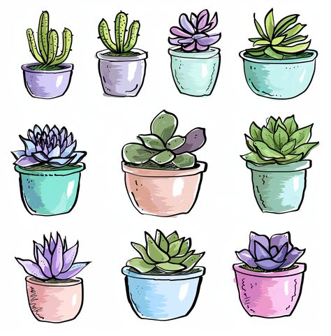 Various Potted Succulent Plants in Minimalist Pen Drawing Style Succulent In Pot Drawing, Succulent Plant Drawing, Plant In Pot Illustration, Succulents Doodles, Succulent Drawing Sketches, Cute Succulent Drawing, Potted Plant Drawing, Draw Succulents, Succulent Drawings