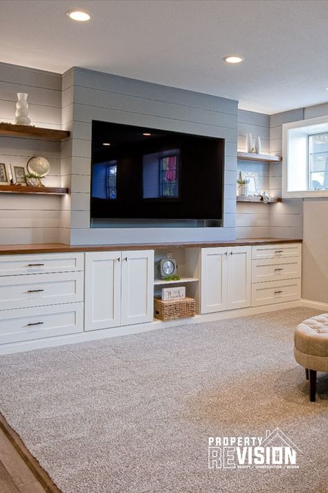 Basement Living Room Ideas, Cabinets And Open Shelving, Basement Built Ins, Basement Bathrooms, Basement Shelving, Basement Living Room, Built In Shelves Living Room, Basement Living, Living Room Built Ins