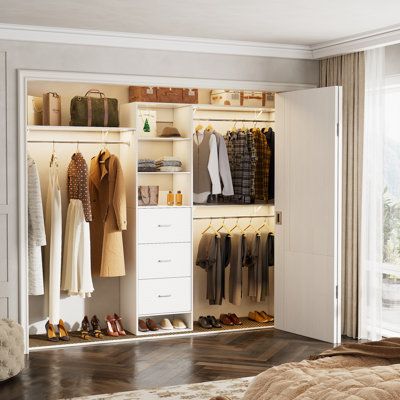 Are you still worried about your messy bedroom? 96 Inches Closet System with 3 Shelving Towers & 3 Drawers & 2 Adjustable Shelves, A spacious walk-in closet takes the worry out of your wardrobe. A Special DIY Closet Organization System：This customizable closet fits closets from 5 feet to 8 feet wide and can be mounted on just one side of the unit or trimmed to fit smaller closets, and the 3 wooden shelving towers can also be cut to fit (you'll need to use your own saw to cut). Large Storage Spac Diy Closet Organization, Messy Bedroom, Wooden Shelving, Diy Closet, Closet System, Bedroom Wardrobe, Large Storage, Walk In Closet, Adjustable Shelving