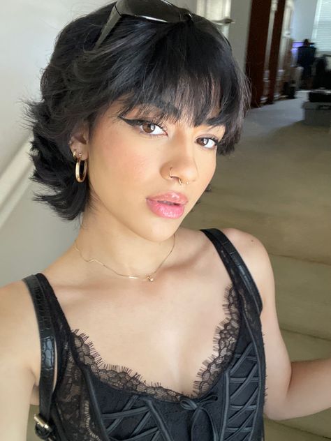 Short Hair Women Mullet, Short Haircut Updos, Ethereal Short Hair, Mid Pixie Haircut, Female Mullet Round Face, Really Short Hairstyles For Women, Full Fringe Short Hair, Miguel O'hara Hair, Short Hair Wide Face