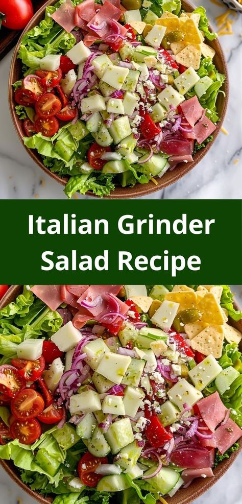 Italian Grinder Salad Recipe: Salami, fresh vegetables, and tangy dressing. A quick, tasty meal! Grinder Salad Dressing, Salad Salami, Italian Grinder Salad, Italian Grinder, Grinder Salad, Dressing Simple, Easy Italian, Stuffed Banana Peppers, Fresh Veggies