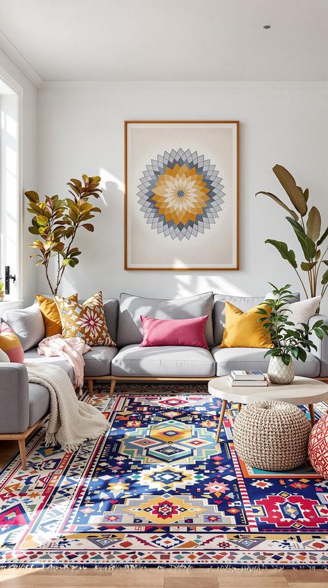 Grey Couch Living Room Grey Couch Bohemian Living Room, Colorful Rug Living Room Ideas, Grey Couch Colorful Living Room, Grey Couch Living Room Ideas Colorful, Grey Couch Rug Ideas, Living Room Colorful Rug, Living Room Gray Couch, Grey Couch Living Room Ideas, Bold Rug