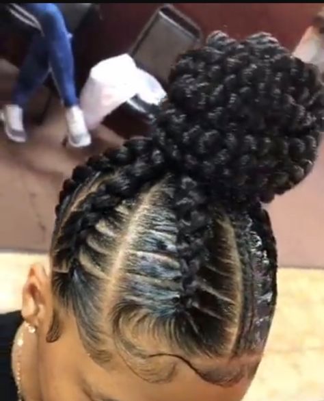 @thedollilotus National Hairstyles, Labor Hairstyles, Cornrow Buns, Bun Black Hair, Braided Bun Black Hair, Creative Braids, Goddess Braid Styles, Black Hair 90s, Goddess Braid