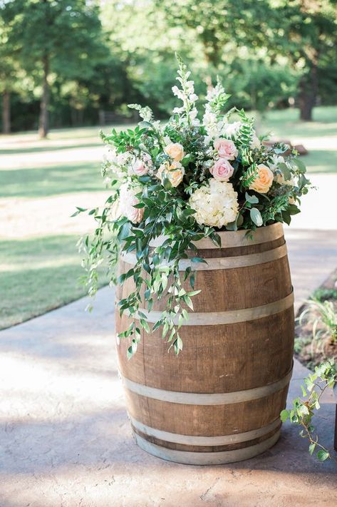 Flowers On Wine Barrel, Wine Barrel Flower Arrangements, Wine Barrel Flowers, Whiskey Barrel Flowers, Barrel Wedding Decor, Wine Barrel Wedding, Barrel Flowers, Rustic Spring Wedding, Barrel Wedding