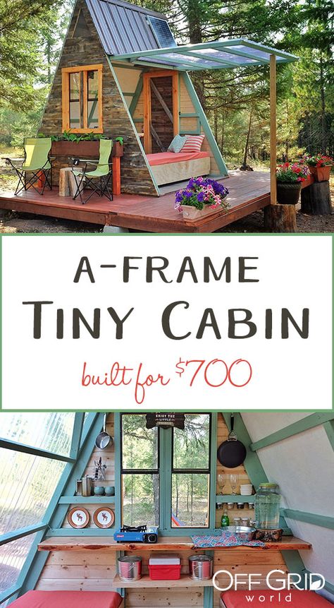 A-frame tiny cabin Aframe Lighting Ideas, Tiny Aframe Cabins, A Frame Architecture, Glamping Shed, A Frame Treehouse, Glamping Cabin Ideas, Diy A Frame Cabin, A Frame Playhouse, Frame Cabin