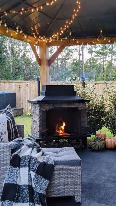 Screened In Porch Fire Pit, Outdoor Patio Fireplace Tools, Outdoor Gazebo With Fireplace, Dressing Up Concrete Patio, Outdoor Wood Burning Fireplace Patio, Outdoor Fireplace Cost, Fire Places Ideas Outside, Small Backyard Fireplace, Outdoor Wood Fireplace Ideas