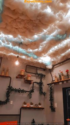 Room Ideas Aesthetic Cloud Ceiling, Cute Room Ideas Aesthetic Led Lights Cloud, Led Cloud Room Aesthetic, Things To Put On Ceiling, Cloud Fairy Lights, Cloud Aesthetic Bedroom, Cloud Lights Bedroom Ceiling, Clouds Hanging From Ceiling, Hanging Clouds From Ceiling