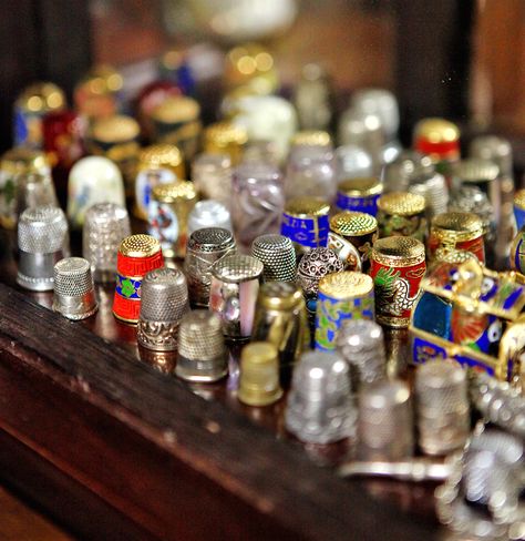 antique thimble collection Thimble Collection, Vintage Sewing Notions, Vintage Sewing Machines, Wooden Spools, Vintage Eclectic, Sewing Items, Different Kinds, Sewing Tools, Sewing A Button