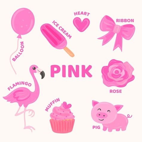 Pink objects and vocabulary set in engli... | Free Vector #Freepik #freevector #school-activity #preschool #kindergarten #vocabulary Things That Are Pink Preschool, Pink Objects, Preschool Letter Crafts, Camping Coloring Pages, Preschool Decor, Rainbow Mobile, Sign Boards, School Board Decoration, Kindergarten Classroom Decor