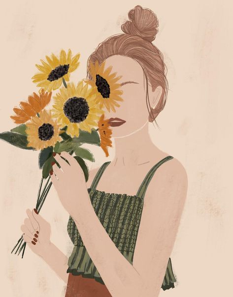 Holding Sunflower, Woman Holding Flowers, Flowers Portrait, Sunflower Illustration, Sunflower Girl, Minimal Illustration, Drawing Girls, Sunflower Drawing, Arte Folk