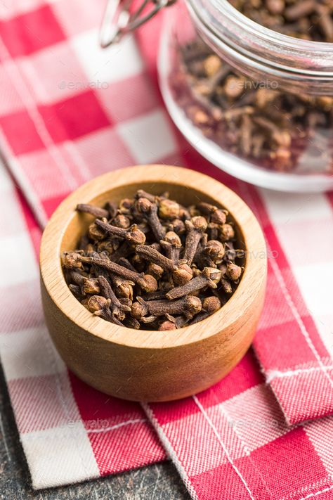 Carnation, dried clove spice. by jirkaejc. Carnation, dried clove spice in bowl on checkered napkin. #Affiliate #clove, #spice, #Carnation, #dried Aesthetic Plants Drawing, Medicinal Botany, Tattoos Plants, Clove Plant, Plant Tattoos, Cloves Benefits, Spices Photography, Cloves Spice, Natural Spices