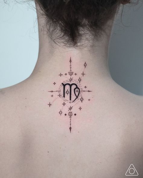 Fine-line geometric tattoo of the Virgo zodiac sign and its constellation, 'The Harvester of Perfection', symbolizing the attention to detail and analytical nature of the sign. Constellation Virgo Tattoo, Virgo Horoscope Tattoo, Astrology Tattoo Virgo, Virgo Tattoo Designs For Women, Virgo Sign Tattoo, Tattoo Virgo, Tattoo On Neck, About Virgo, Virgo Tattoo Designs