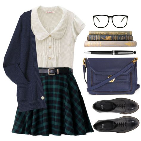 Starting Today by sweetpastelady on Polyvore featuring moda, ASOS, Topshop, Montblanc, school, uniform, preppy, plaid and cardigan Cute Nerd Outfits, Lolita Outfit, School Preppy, Nerd Outfits, Preppy Skirt, Preppy Plaid, Rock Outfit, Rock Outfits, Sheer Tights