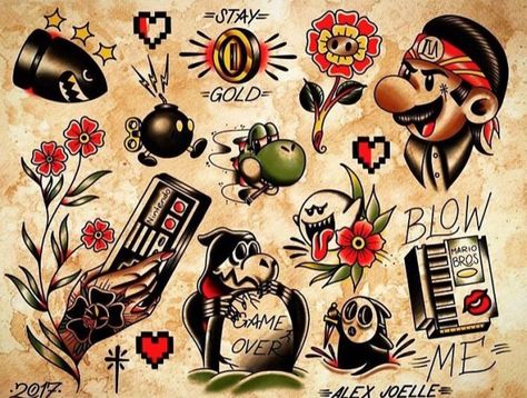 Gamer traditional flash /mario/Nintendo/traditional #tattoo #traditional #tattoo Traditional Nintendo Tattoo, American Traditional Nerd Tattoo, American Traditional Mario Tattoo, American Traditional Pop Culture Tattoo, Video Game Tattoo Flash, Nerd Flash Tattoo, Pop Culture Traditional Tattoos, Mario Flash Tattoo, Traditional Mario Tattoo