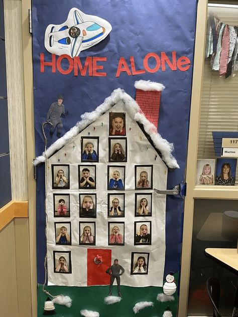 23 Hilarious Office Christmas Door Decorating Contest Ideas That Will Make You the Winner Cute Winter Classroom Doors, Christmas Door Decorating Contest Two Doors, Christmas Kindergarten Door Decorations, Winter Door Decorations For Work, Home Alone Bulletin Board Ideas, Home Alone Cubicle Decorations, Christmas Decor Ideas Door School, Christmas Movie Theme Door Decorations, Christmas Door Decorating Contest Home Alone